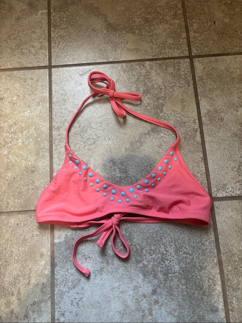aerie Coral Pink Bikini Top with Blue Stud Accents